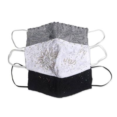 Alternate image for 1 Grey-1 White-1 Grey Beaded Lace Balinese Face Masks Island Fashion
