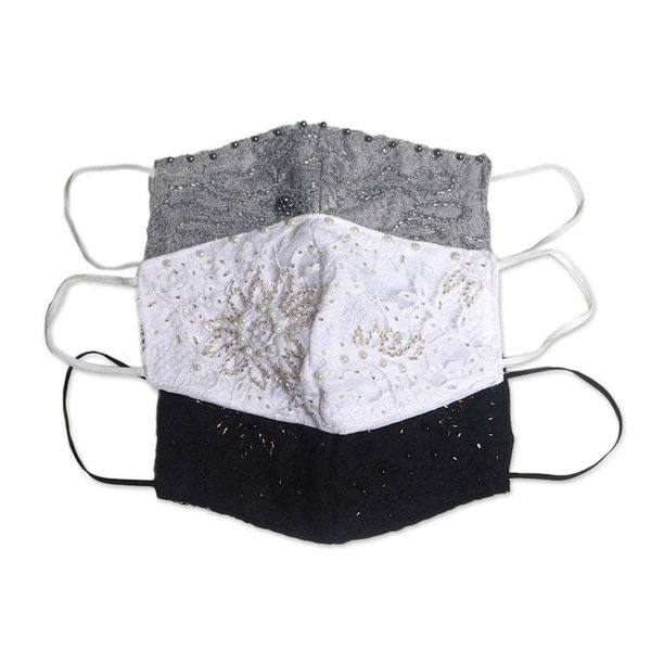 Alternate image for 1 Grey-1 White-1 Grey Beaded Lace Balinese Face Masks Island Fashion