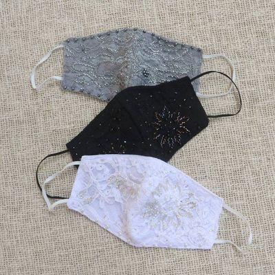 Alternate image for 1 Grey-1 White-1 Grey Beaded Lace Balinese Face Masks Island Fashion