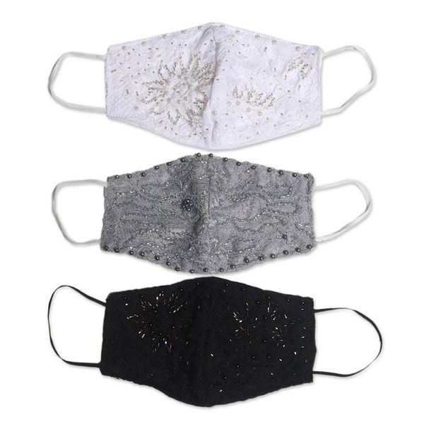 Alternate image for 1 Grey-1 White-1 Grey Beaded Lace Balinese Face Masks Island Fashion