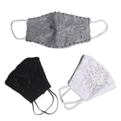 Alternate image for 1 Grey-1 White-1 Grey Beaded Lace Balinese Face Masks Island Fashion