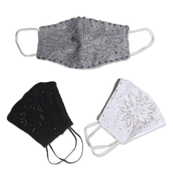 Alternate image for 1 Grey-1 White-1 Grey Beaded Lace Balinese Face Masks Island Fashion