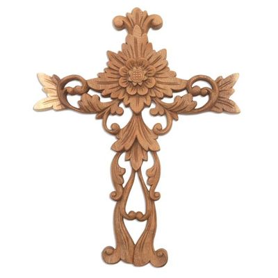 Alternate image for Hand Carved Wood Wall Cross with Floral Motifs Florid Cross