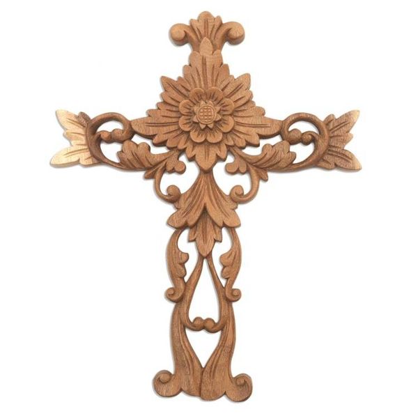 Alternate image for Hand Carved Wood Wall Cross with Floral Motifs Florid Cross