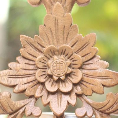 Alternate image for Hand Carved Wood Wall Cross with Floral Motifs Florid Cross