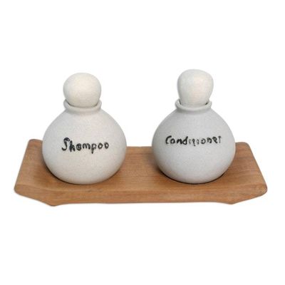 Alternate image for Handmade Ceramic Shampoo and Lotion Bottles 3 Piece Set Shampoo and Lotion