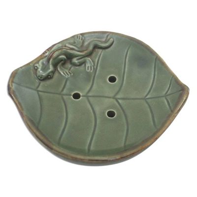 Alternate image for Ceramic Leaf Soap Dish with Gecko Decoration Gecko Home