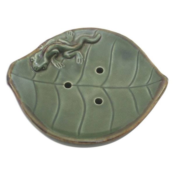 Alternate image for Ceramic Leaf Soap Dish with Gecko Decoration Gecko Home