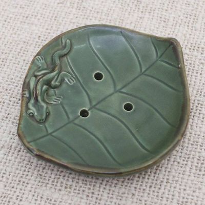 Alternate image for Ceramic Leaf Soap Dish with Gecko Decoration Gecko Home