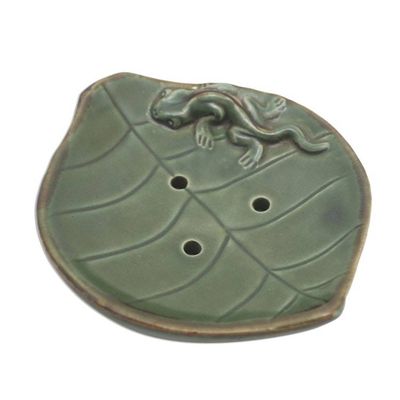 Alternate image for Ceramic Leaf Soap Dish with Gecko Decoration Gecko Home