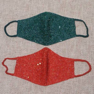 Alternate image for 2 Hand Beaded Cotton Contoured Masks in Green and Orange Feeling Glamorous