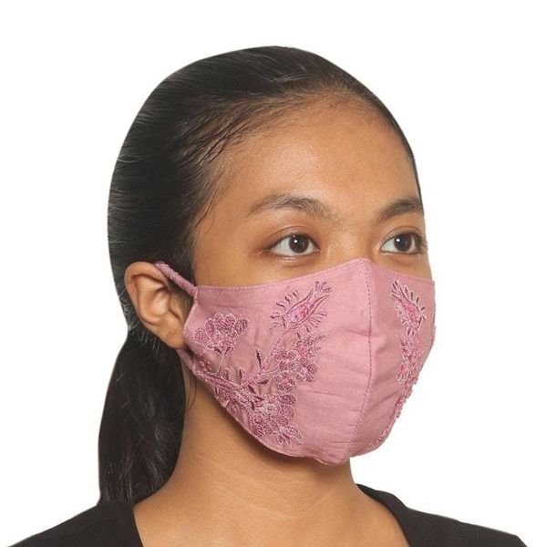 Alternate image for 2 Beaded Embroidered Cotton Face Masks in Orange and Pink Balinese Glamour