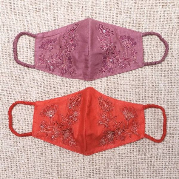 Alternate image for 2 Beaded Embroidered Cotton Face Masks in Orange and Pink Balinese Glamour