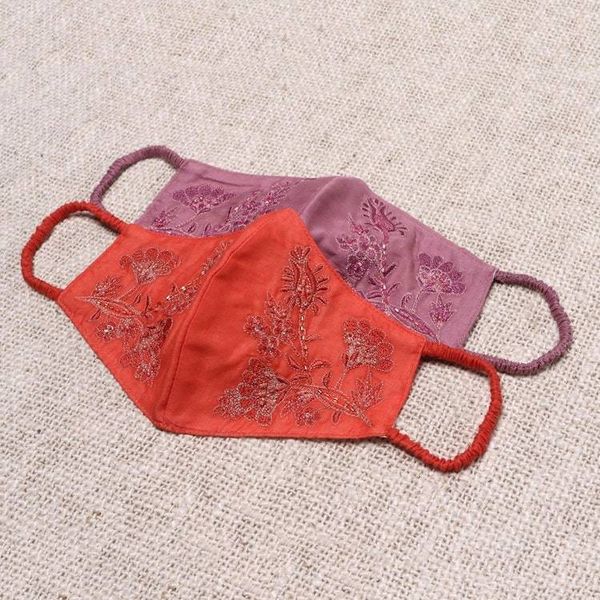 Alternate image for 2 Beaded Embroidered Cotton Face Masks in Orange and Pink Balinese Glamour