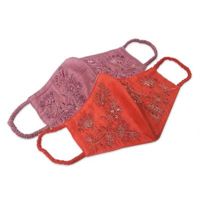 Alternate image for 2 Beaded Embroidered Cotton Face Masks in Orange and Pink Balinese Glamour