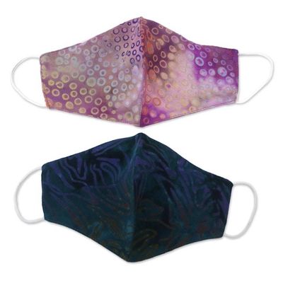 Alternate image for 2 Contoured Double Layer Rayon Batik Elastic Loop Face Masks Waves and Bubbles
