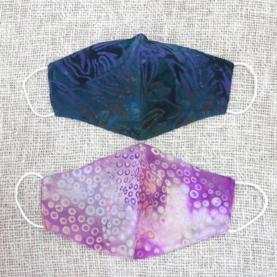 Alternate image for 2 Contoured Double Layer Rayon Batik Elastic Loop Face Masks Waves and Bubbles
