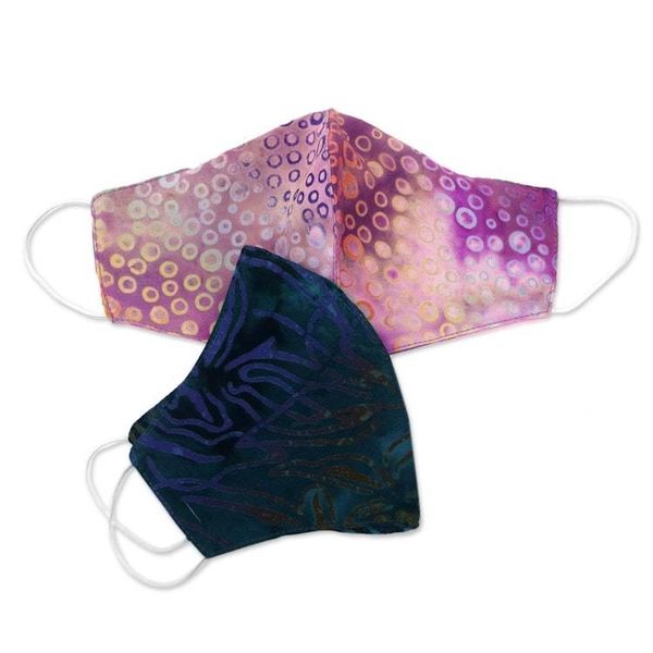 Alternate image for 2 Contoured Double Layer Rayon Batik Elastic Loop Face Masks Waves and Bubbles