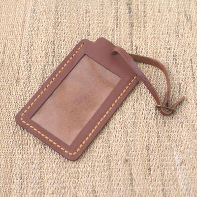 Primary image for Brown Leather Luggage Tag in Black Crafted in Java Identity in Brown