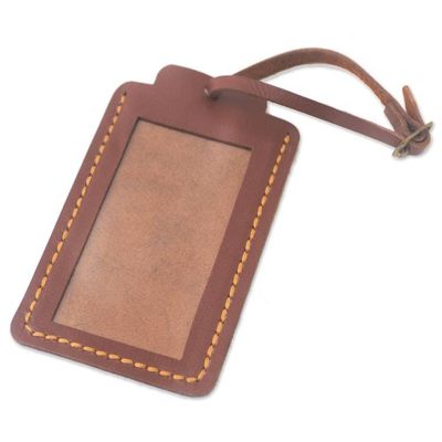 Alternate image for Brown Leather Luggage Tag in Black Crafted in Java Identity in Brown