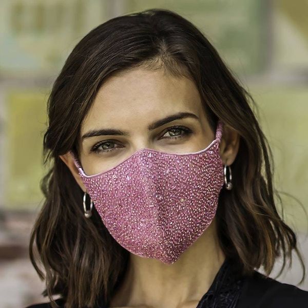 Alternate image for 2 Hand Beaded Cotton Contoured Face Masks in Black and Pink Feminine Glam