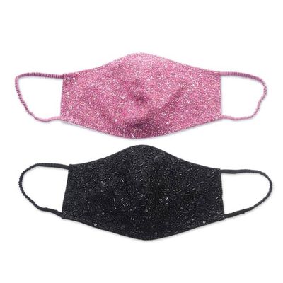 Alternate image for 2 Hand Beaded Cotton Contoured Face Masks in Black and Pink Feminine Glam