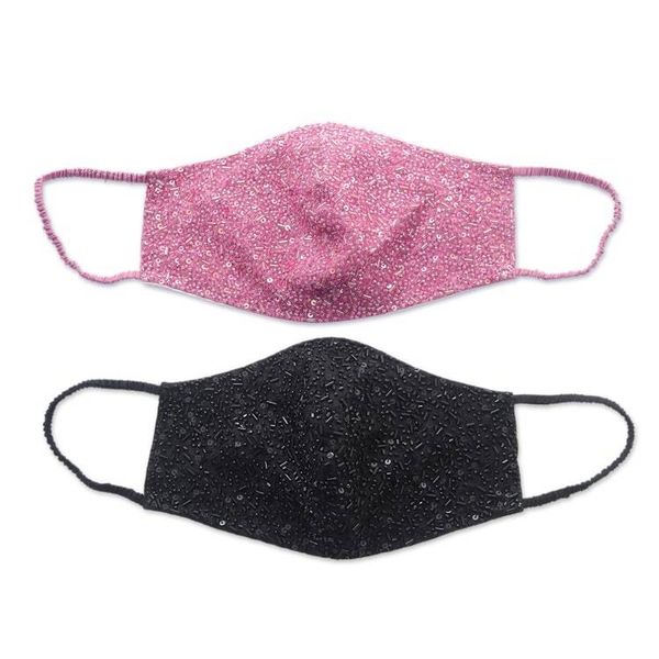 Alternate image for 2 Hand Beaded Cotton Contoured Face Masks in Black and Pink Feminine Glam
