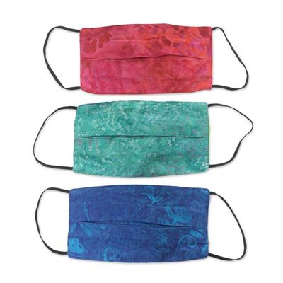 Alternate image for 3 Handmade Blue-Pink-Red Rayon Batik Pleated Face Masks Colorful Tropics