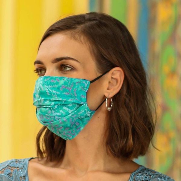 Alternate image for 3 Handmade Blue-Pink-Red Rayon Batik Pleated Face Masks Colorful Tropics