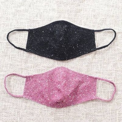 Alternate image for 2 Hand Beaded Cotton Contoured Face Masks in Black and Pink Feminine Glam