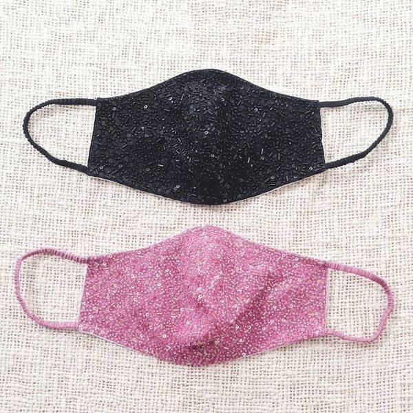 Alternate image for 2 Hand Beaded Cotton Contoured Face Masks in Black and Pink Feminine Glam