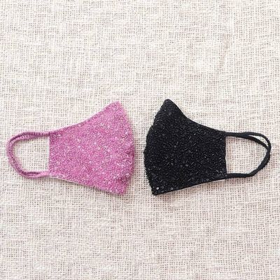 Alternate image for 2 Hand Beaded Cotton Contoured Face Masks in Black and Pink Feminine Glam