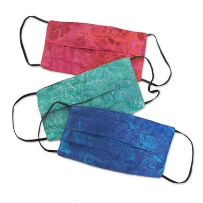 Alternate image for 3 Handmade Blue-Pink-Red Rayon Batik Pleated Face Masks Colorful Tropics