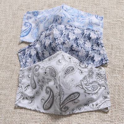 Alternate image for 3 Contoured Blue Grey Print Double Cotton Masks Pretty Prints and Paisley