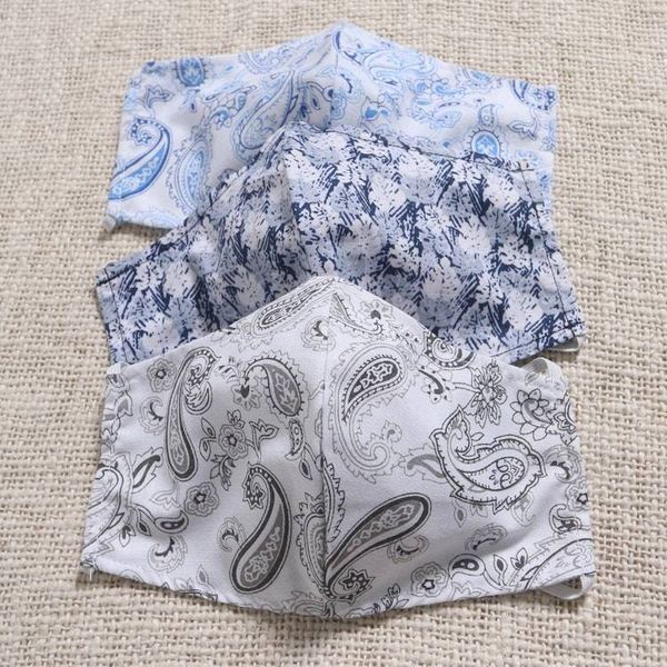 Alternate image for 3 Contoured Blue Grey Print Double Cotton Masks Pretty Prints and Paisley