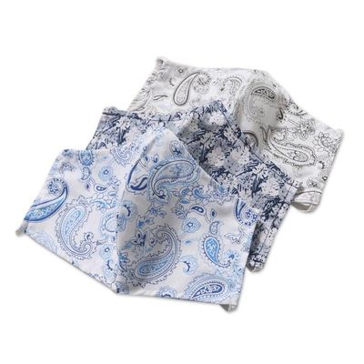 Alternate image for 3 Contoured Blue Grey Print Double Cotton Masks Pretty Prints and Paisley