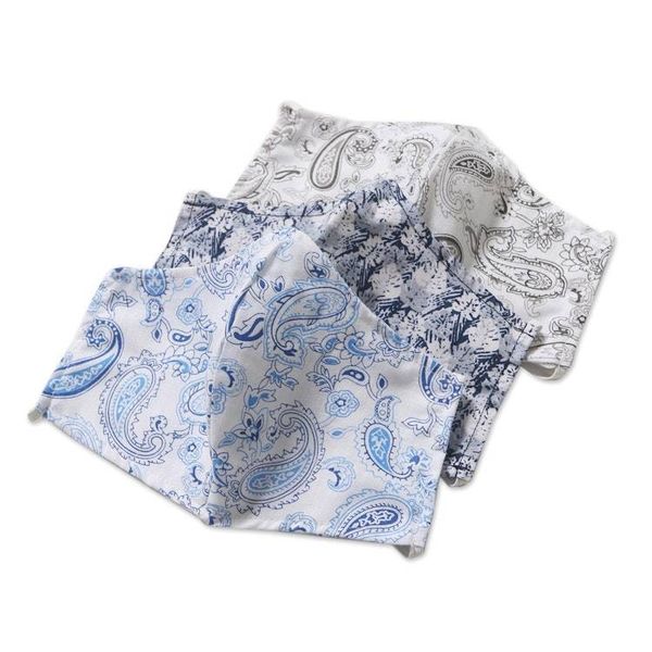 Alternate image for 3 Contoured Blue Grey Print Double Cotton Masks Pretty Prints and Paisley