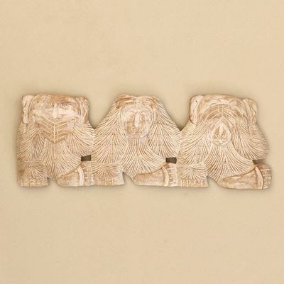 Alternate image for Whitewashed Wood Monkey Relief Panel from Bali Three Wise Monkeys