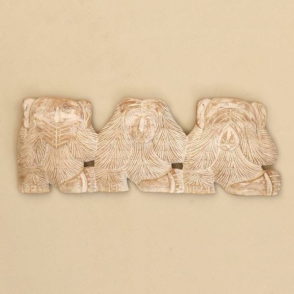 Alternate image for Whitewashed Wood Monkey Relief Panel from Bali Three Wise Monkeys