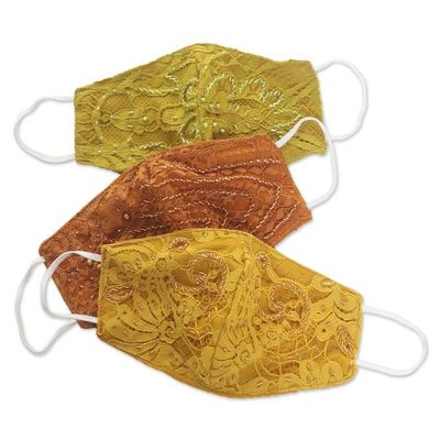 Alternate image for 3 Beaded Lace Contoured 2-Layer Rayon Face Masks Island Glamour