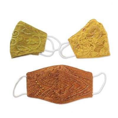 Alternate image for 3 Beaded Lace Contoured 2-Layer Rayon Face Masks Island Glamour