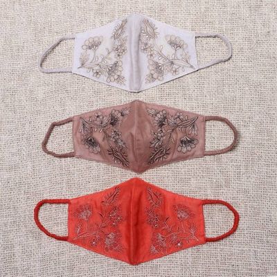 Alternate image for 3 Embroidered Floral Cotton Contoured Face Masks Warm Blossoms