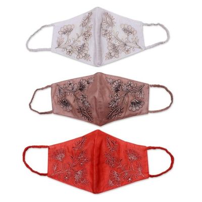 Alternate image for 3 Embroidered Floral Cotton Contoured Face Masks Warm Blossoms