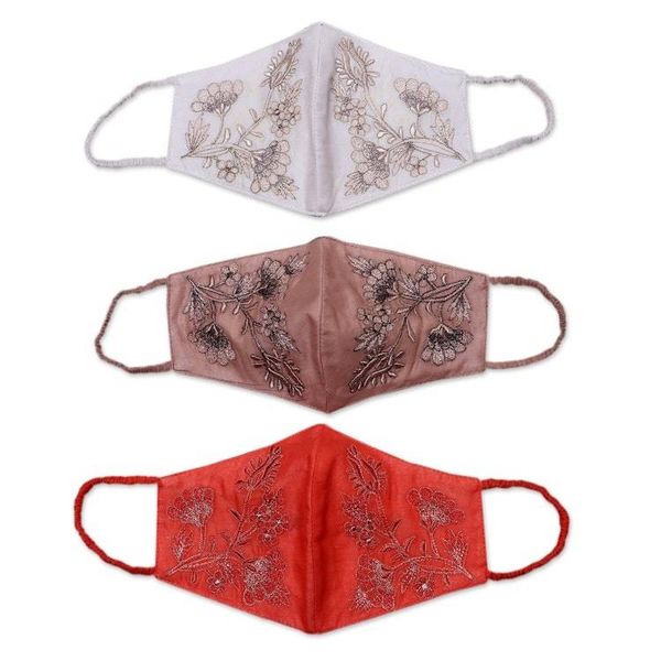Alternate image for 3 Embroidered Floral Cotton Contoured Face Masks Warm Blossoms