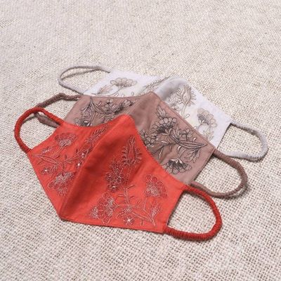 Alternate image for 3 Embroidered Floral Cotton Contoured Face Masks Warm Blossoms