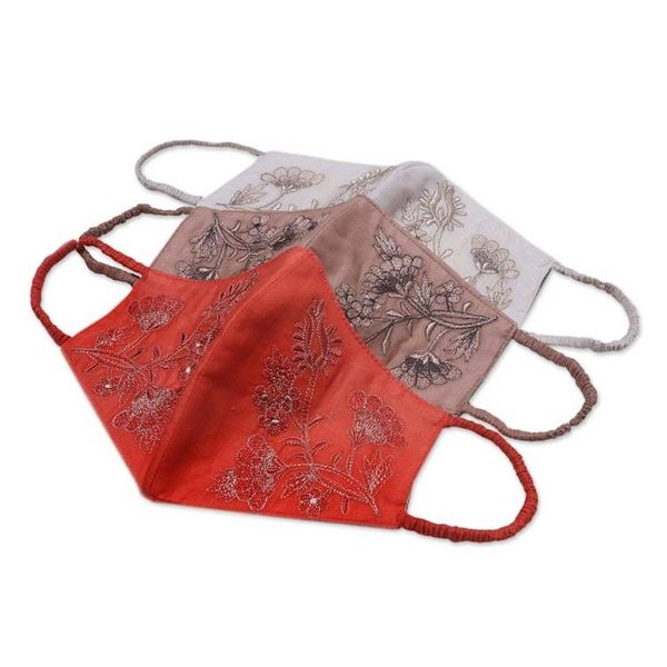 Alternate image for 3 Embroidered Floral Cotton Contoured Face Masks Warm Blossoms
