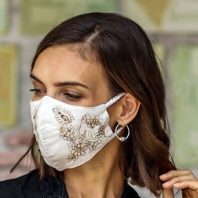 Alternate image for 2 Beaded Embroidered Cotton Face Masks in Tan and Ivory Glamorous Tan and Ivory