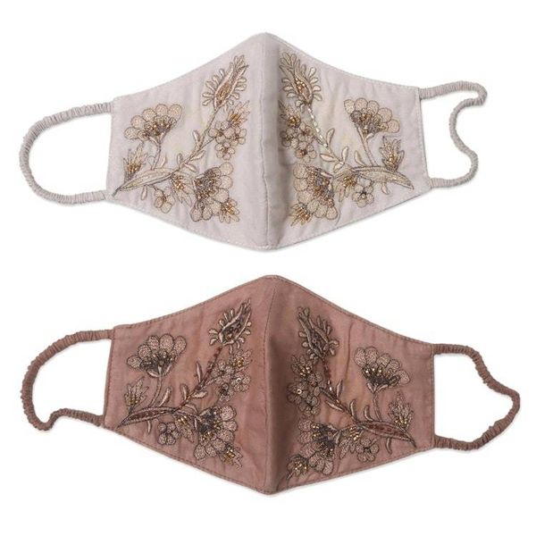 Alternate image for 2 Beaded Embroidered Cotton Face Masks in Tan and Ivory Glamorous Tan and Ivory
