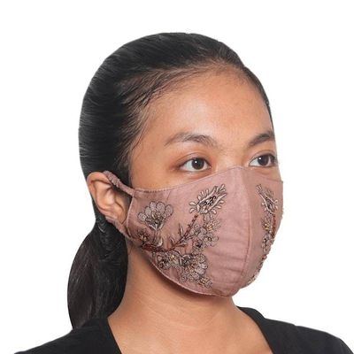 Alternate image for 2 Beaded Embroidered Cotton Face Masks in Tan and Ivory Glamorous Tan and Ivory