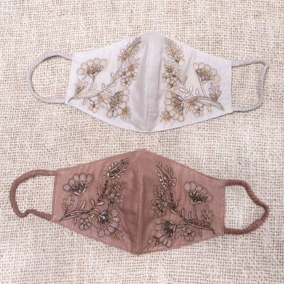 Alternate image for 2 Beaded Embroidered Cotton Face Masks in Tan and Ivory Glamorous Tan and Ivory